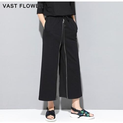 2021 Spring Summer Black Zipper Spliced Wide Leg Pants Women Casual Loose Fit Ladies Trousers Pantalon Femme Fashion Streetwear