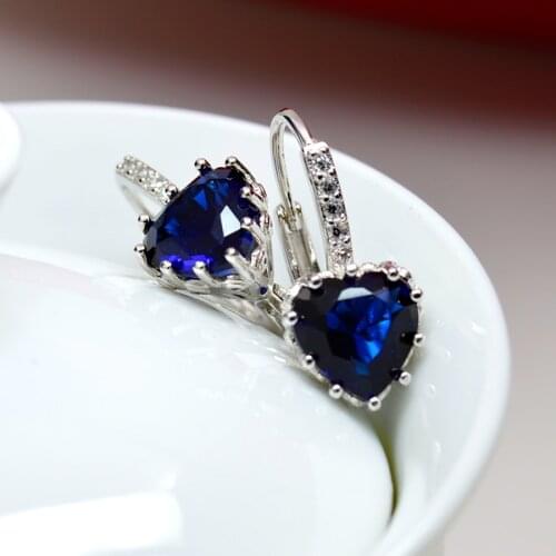 SALE 50% Off Fashion Earrings for Women Heart Blue Zircon Crystal Romantic Bridal Jewelry Silver Color Birthday Gift Ladies