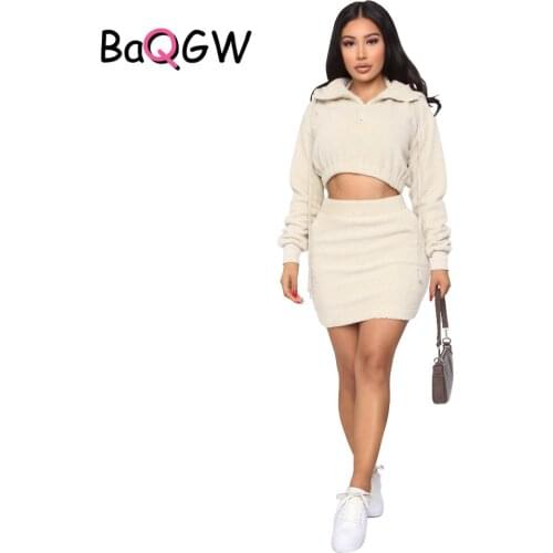 BaQGW Teddy Fur Two Piece Dress Autumn Warm Skinny Solid Long Sleeve Party Dress Crop Top and Sweater Dress Women Outfits Sets