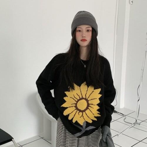 Retro chic sweet sunflower print womens sweater loose oversize lazy style thicken pullovers 2021 new spring jumpers for ladies