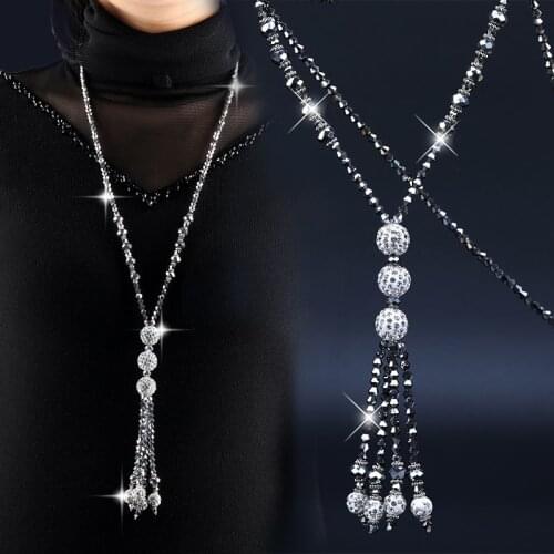 2021 Summer Boho New Women Long Tassel Necklace Kpop Fashion Joker Simple Crystal Beads Sweater Chain Lady Shiny Birthday Gifts