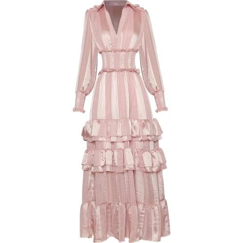 Blue Pink Long Dress 2021 Autumn Fashion Party Evening Women Sexy V-Neck Elastic Waist Ruffle Deco Long Sleeve Maxi Dress Festa