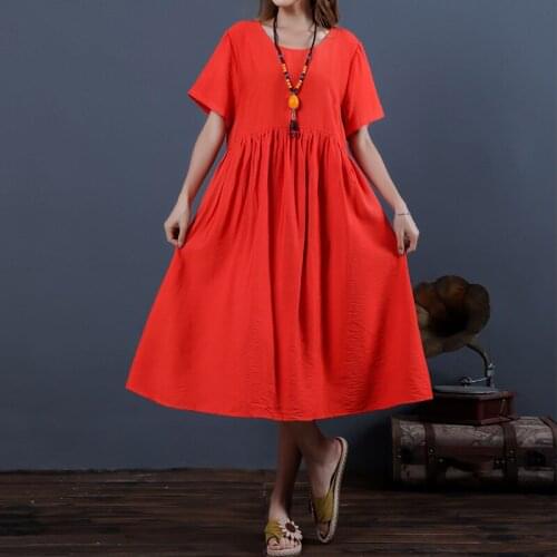 Black Orange Dress 2021 New Arrival Short Sleeve Loose Summer Dress Cotton Linen Vintage Dress Women Travel Casual Beach Dress