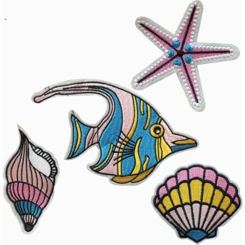 1PC Ocean Starfish Shell Coral Octopus Patches Iron On Or Sew Fabric Sticker For Clothes Badge Embroidered Appliques DIY