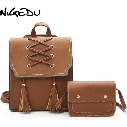 2 pcs vintage Women Backpack Weaving tassel female Shoulder Bag PU leather multifunctional Girls School bag travel backpack