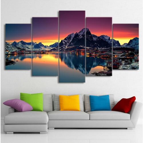 5 Pcs Canvas Picture Print Wall Art Canvas Paintings Sunset Lake Mountain Scenery Poster Wall Decoration for Living Room Unframe