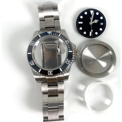 40mm Watch Accessories SUB Stainless Steel Watch Case Sapphire Glass Ceramic Ring +Watch Band Set for 8215 2813 Movement