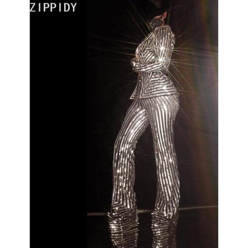Glisten Silver Striped Sequin Jacket Pant Outfit Birthday Celebrate Wear Evening Women Singer Dancer 2-Piece Suit Set