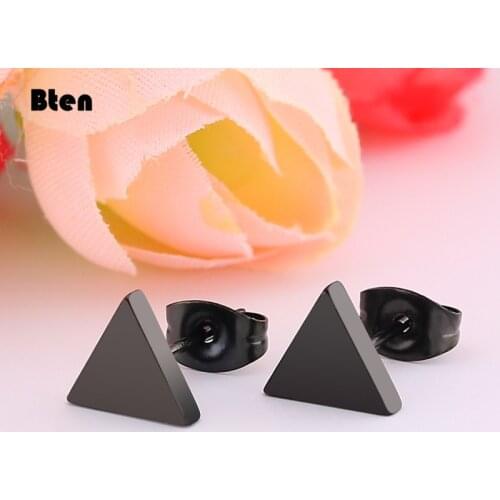 Bten Fashion Cute Geometric Triangle Stud Earrings for Women Black Stainless Steel Earrings Men Punk Ear Piercing Jewelry Mini