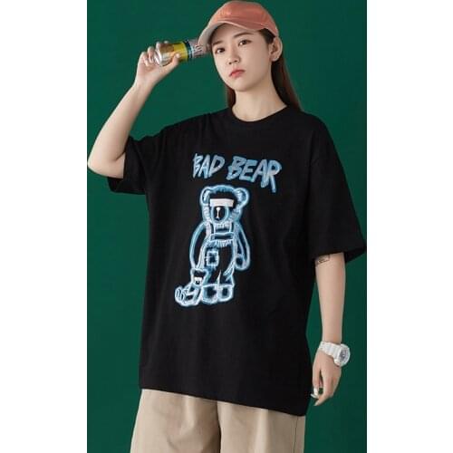 Black And White Cartoon Little Bear Men Women Lovers Couple Models High Street Cotton Casual Short Sleeve Round Neck T Shirt