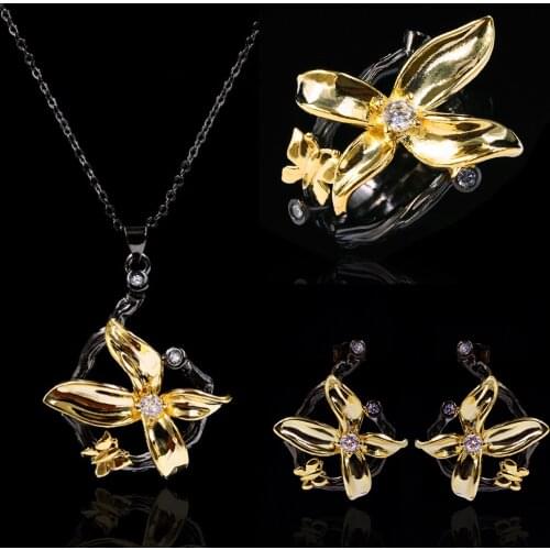 CIZEVA Delicate Vintage Flower Black Gold Jewelry Set for Women Handmade 925 Sterling Silver Ring Earrings Pendant Necklace