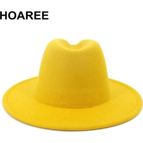 HOAREE Fedora Panama hat Yellow Purple Patchwork Wool Felt Jazz Cap Male Female Wide Brim Vintage Cowboy Trilby Hat