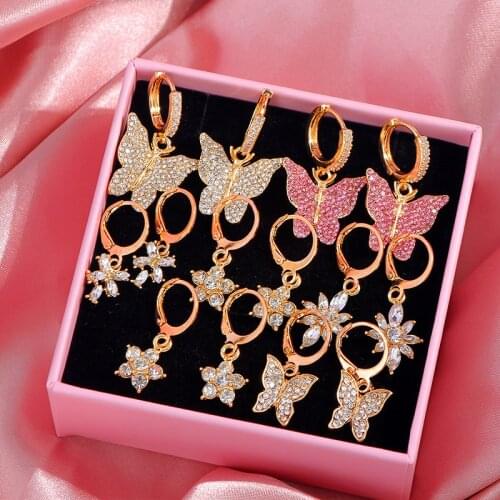 Flatfoosie Fashion Flower Crystal Drop Earrings For Women Gold Silver Color Shiny Butterfly Rhinestone Earrings Party Jewelry