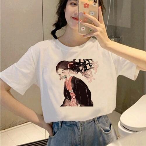Japanese Cartoon Print Graphic Tees Women T-Shirt Cute Cartoon Short Sleeve O-Neck Fashion Tshirt Casual White Tops Tee Female