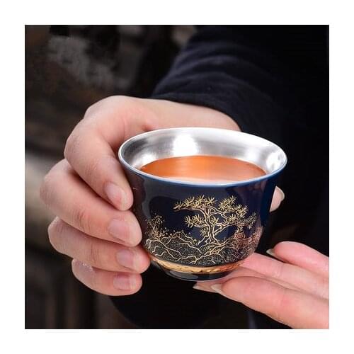 Jingdezhen Ceramic Enamel Color Teacup Sterling Silver 999 Pure Handmade Tea Bowl Owner Kung Fu Black Tea Oolong Teaware