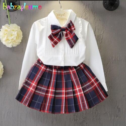 2PCS/2-6Years/Spring Autumn Baby Girls Outfits Korean Kids Clothes Suit Bow White Shirt+Plaid Skirt Children Clothing Set BC1199