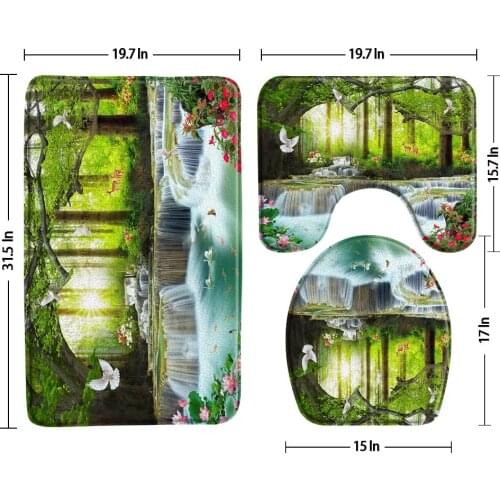 Green Forest Waterfall Bath Mat Natural Scenery Decoration Non-Slip 3 Piece Bathroom Set Rug Toilet Cover Lid Sets U-Shaped Pad