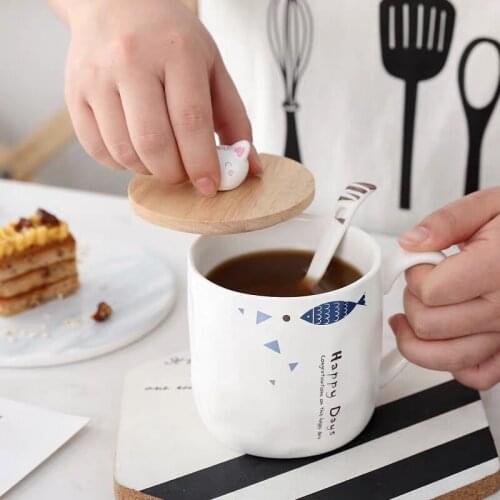 Ins Creative Cat Fish Ceramic Cup 400ml With Lid Spoon Coffee Cup Cartoon Breakfast Milk Cup Christmas Gift Water Cup