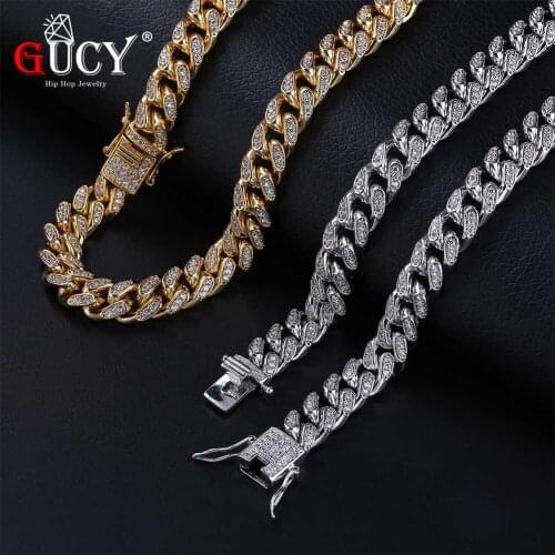GUCY Hip Hop Miami Cuban Chain Necklace Copper Gold/Silver Color Plated Micro Paved CZ Stones 10mm Width Necklaces For Men.Gift