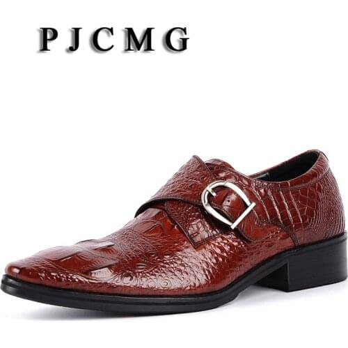 PJCMG New Fashion Crocodile Design Handmade Genuine Leather Buckle Strap Pointed Toe Blacl/Red Business Dress Men Oxford Shoes
