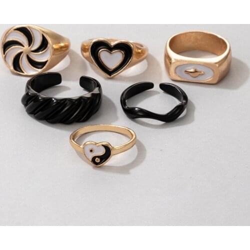 2021 New Simple Black Fashion Ins Style 6-piece Love Ring Enamel Rings