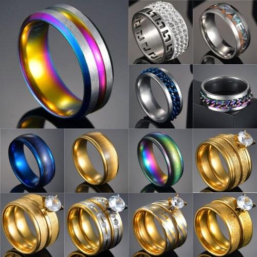 New Gold Color Stainless Steel Stone Wedding Couple Rings for Women Men Rainbow Ring Lover Anniversary Jewelry Gifts