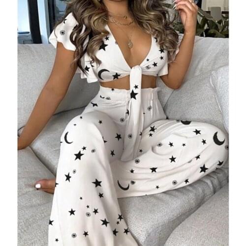 Sexy Women Suit Casual Lotus Sleeve Blouse Wide Leg Pants Two Piece Sets Suit Female Elegant Elastic High Waist Ruched Trousers