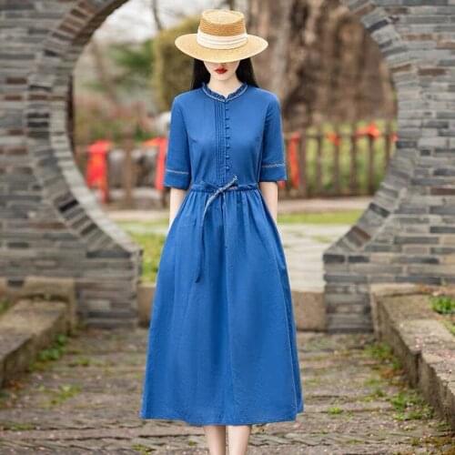 Women Loose Solid Color Linen Cotton Dress V Neck Blue Vintage Flax Dresses Female 2020 Summer Comfortable Dress Breathable