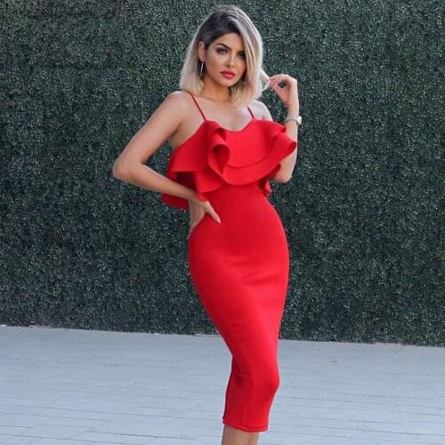 Hot Red Folded Ruffle Spaghetti Strap Cold Shoulder Back Slit Bandage Sleeveless Sheath Bodycon Dress
