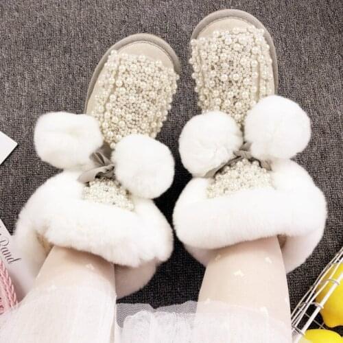 Luxury Pearl Beads Rabbit Fur Bobbles Lace Up Snow Boots Suede Leather Plush Warm Winter Boots Soft Pompon Mid-Calf Boots