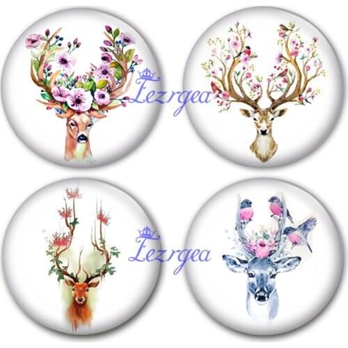 Handmade Round Deer head and Antlers and flower photo glass Cabochons Jewelry Finding Cameo Pendant Settings