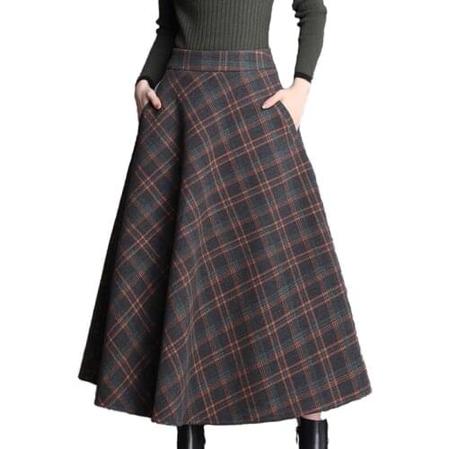 Woolen Skirt Women Autumn Winter Print Plaid A-line Skirts Plus size 4XL Female Big swing Long Skirt Slim High waist Wool Skirts