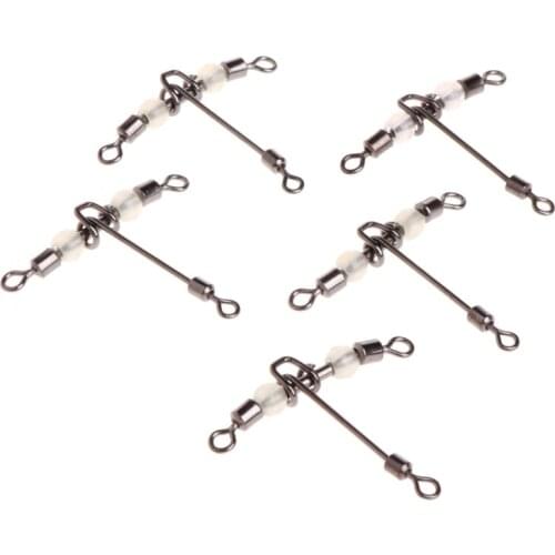 5pcs 3 Way Luminous T-shape Rolling Swivel With Beads Fishing Swivels Connector