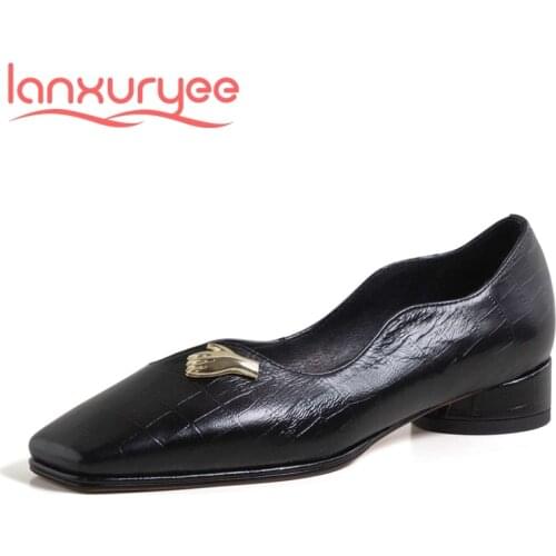Lanxuryee genuine leather square toe med heel metal decoration Korean street pretty girls dating slip on basic women pumps L20