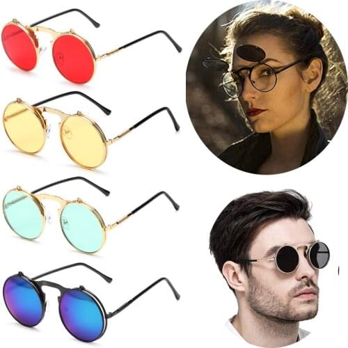 Vintage Summer UV Protection Round Sunglasses for Men Women Hot Sale Steampunk Sunglasses Circle Flip-Up Glasses Eyewear
