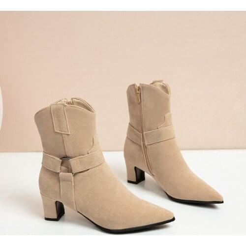 YQBTDL 2020 Autumn Winter Faux Nubuck Suede Black Gray Apricot Fashion Womens Boots High Heel Pointed Toe Woman Shoes Ankle Boot