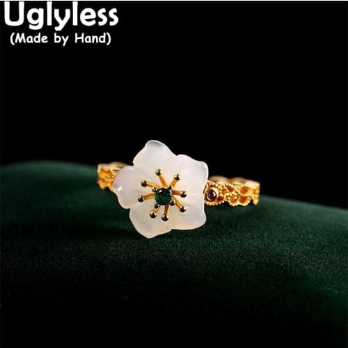 Uglyless Xinjiang Hetian Natural White Jade Sakura Rings for Women Real 925 Silver Floral Open Rings Chalcedony Fashion Jewelry