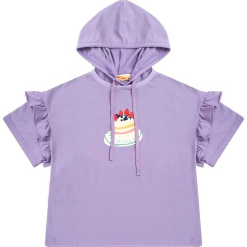 Preppy Style Sweet Femme Summer Hoodies Short Sleeve Ruffles Hooded Pullover Violet Cake Print 2018 New Women Sweatshirts Top