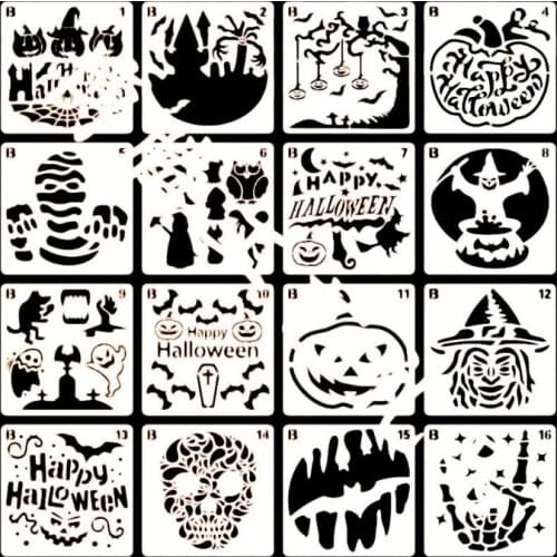 K92C 16 Pcs Halloween PET Painting Stencils Reusable Hollow Out Pumpkin Drawing Templates for DIY Craft Art Drawing Painting