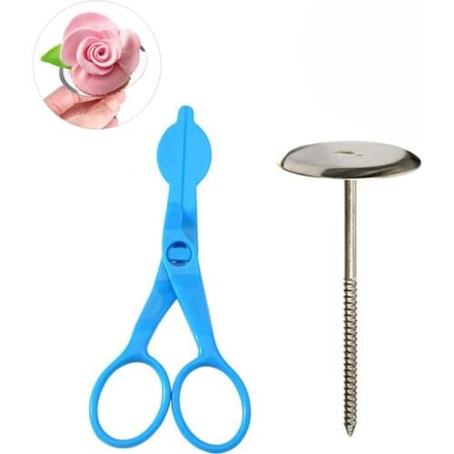 2Pcs/Set Blue Plastic Cream Flower Transfer Scissors Stainless Steel Cake Nail Decor Flower Lifter Stand Cake Decorating Tools