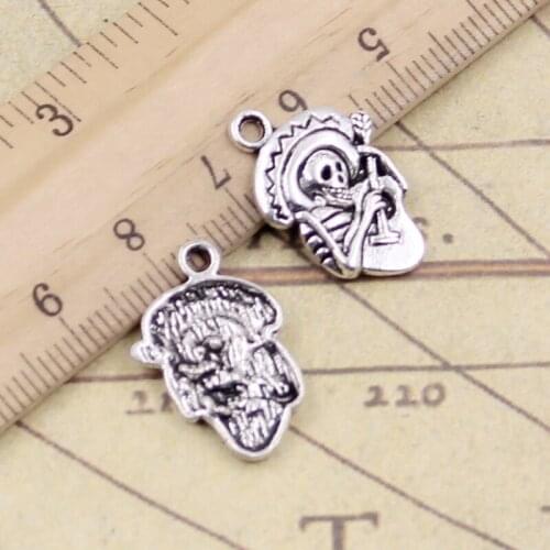 20pcs Charms Skull In Sombrero With Guitar 22x15mm Tibetan Bronze Silver Color Pendants Antique Making DIY Handmade Craft