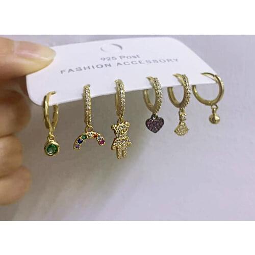ANENJERY 6 pieces/set Bear Dress Heart Earrings Set 925 Sterling Silver Shiny Colored Zircon Cute Accessories Girls Gift