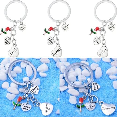 Family Love Keyring Flower Heart Rose Charm Aunt Daughter Mom Grandma Sister I Love You Thank You Keychain Birthday Xmas Gifts