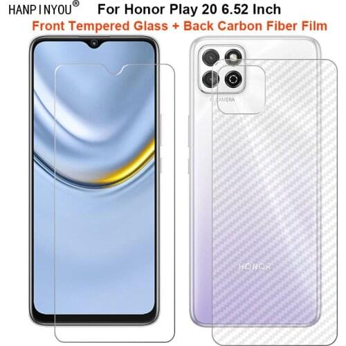 For Huawei Honor Play 20 6.52" 1 Set = Soft Back Carbon Fiber Film + Ultra Thin Clear Tempered Glass Front Screen Protector