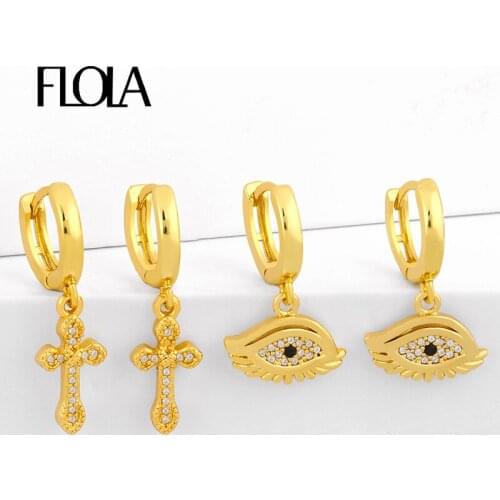 FLOLA CZ Gold Evil Eye Earrings For Women Crystal Small Cross Drop Earrings Micro Paved Zirconia Women Jewelry olho grego erst43