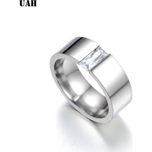 UAH 8MM Stainless Steel Couple Rings Silver Color Wedding Crystal Ring For Lovers Romantic Elegant Engagement Party Jewelry