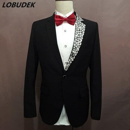 Black Rhinestones Mens Suits Star Stage Costume Group musical performance Costume Wedding Party Prom Host singer Stage Outfit