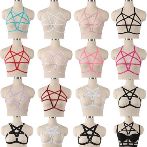 Colorful Pentagram Harness Women Goth Pentagram Bra Fetish Wear Body Harness Bralette Crop Tops Sexy Lingerie Cage Bra