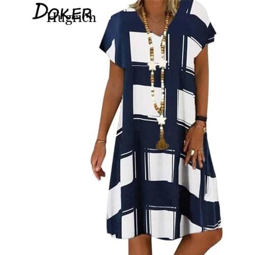 Summer Lattice Print Casual Dress Womens V-neck Short Sleeve Vintage Dresses For Women Plus Size Beach Boho Loose Midi Dress