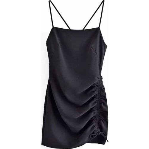 ZA Women fashion draped mini dress Female straight neck back cross thin straps side pleat adjustable ties Summer short dresses
